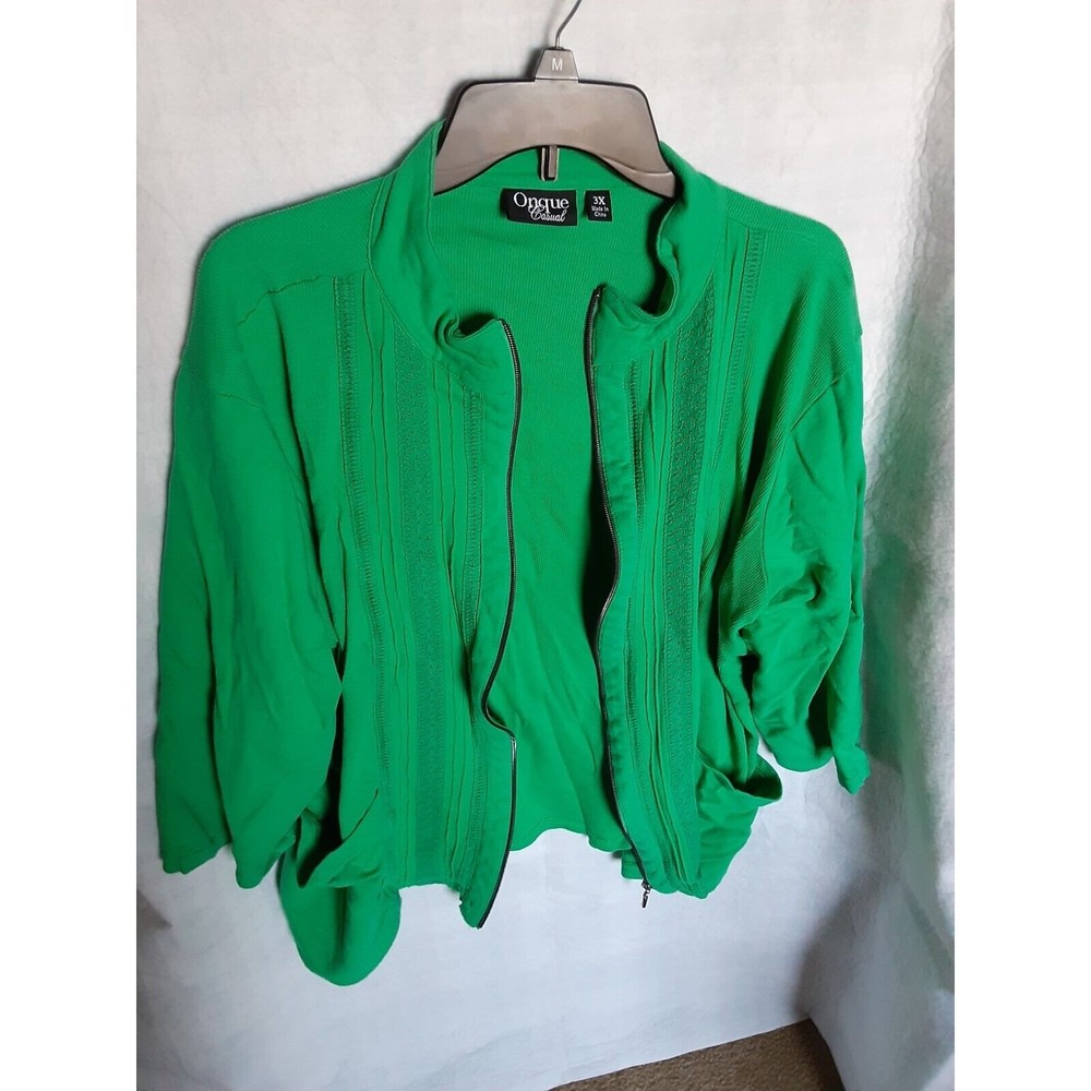 Onque Casual Womens Plus 3X Green Jacket -  Full Zip Pockets Embroidered Cotton!